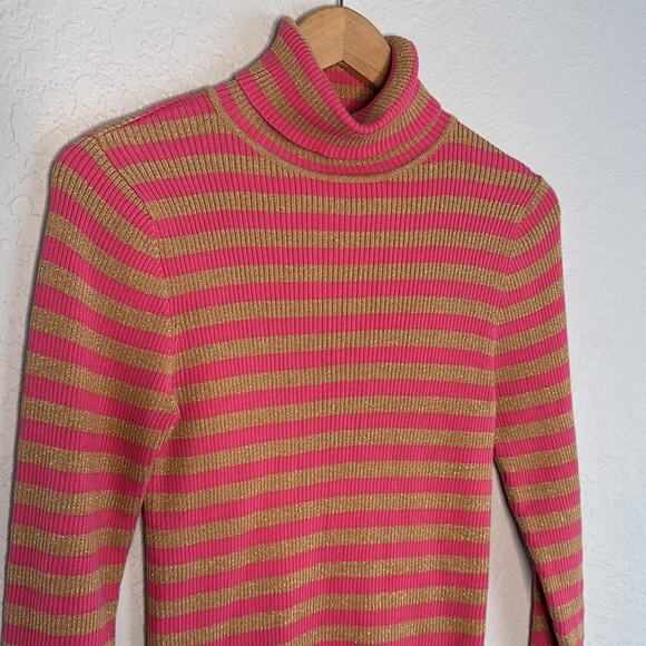 Moda International Pink Gold Glitter Stripe Turtleneck Sweater Holiday Sparkle - Picture 2 of 7